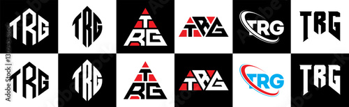 TRG letter logo design in six style. TRG polygon, circle, triangle, hexagon, flat and simple style with black and white color variation letter logo set in one artboard. TRG minimalist and classic logo