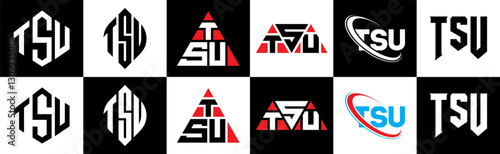TSU letter logo design in six style. TSU polygon, circle, triangle, hexagon, flat and simple style with black and white color variation letter logo set in one artboard. TSU minimalist and classic logo