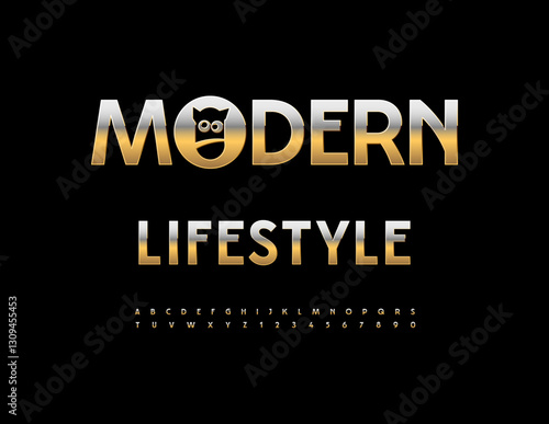 Vector Cool emblem Modern Lifestyle with Funny Emblem. Fashion Gold Font. Refined Alphabet Letters and Numbers set