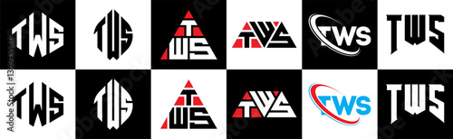 TWS letter logo design in six style. TWS polygon, circle, triangle, hexagon, flat and simple style with black and white color variation letter logo set in one artboard. TWS minimalist and classic logo