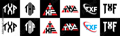 TXF letter logo design in six style. TXF polygon, circle, triangle, hexagon, flat and simple style with black and white color variation letter logo set in one artboard. TXF minimalist and classic logo