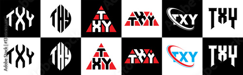 TXY letter logo design in six style. TXY polygon, circle, triangle, hexagon, flat and simple style with black and white color variation letter logo set in one artboard. TXY minimalist and classic logo