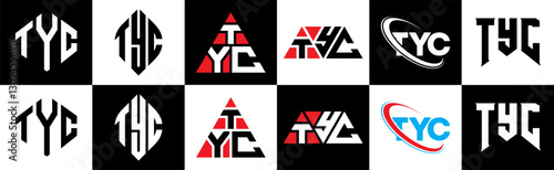 TYC letter logo design in six style. TYC polygon, circle, triangle, hexagon, flat and simple style with black and white color variation letter logo set in one artboard. TYC minimalist and classic logo