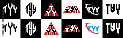 TYY letter logo design in six style. TYY polygon, circle, triangle, hexagon, flat and simple style with black and white color variation letter logo set in one artboard. TYY minimalist and classic logo