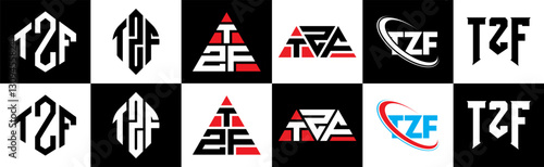 TZF letter logo design in six style. TZF polygon, circle, triangle, hexagon, flat and simple style with black and white color variation letter logo set in one artboard. TZF minimalist and classic logo