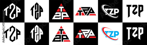 TZP letter logo design in six style. TZP polygon, circle, triangle, hexagon, flat and simple style with black and white color variation letter logo set in one artboard. TZP minimalist and classic logo