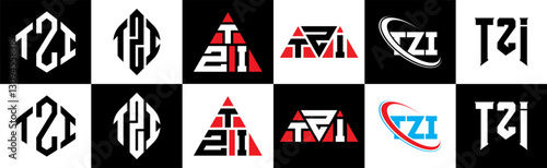TZI letter logo design in six style. TZI polygon, circle, triangle, hexagon, flat and simple style with black and white color variation letter logo set in one artboard. TZI minimalist and classic logo