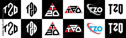 TZO letter logo design in six style. TZO polygon, circle, triangle, hexagon, flat and simple style with black and white color variation letter logo set in one artboard. TZO minimalist and classic logo