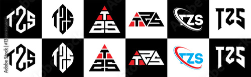 TZS letter logo design in six style. TZS polygon, circle, triangle, hexagon, flat and simple style with black and white color variation letter logo set in one artboard. TZS minimalist and classic logo