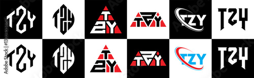 TZY letter logo design in six style. TZY polygon, circle, triangle, hexagon, flat and simple style with black and white color variation letter logo set in one artboard. TZY minimalist and classic logo