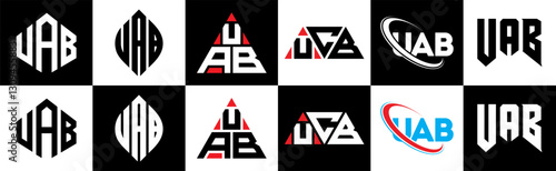 UAB letter logo design in six style. UAB polygon, circle, triangle, hexagon, flat and simple style with black and white color variation letter logo set in one artboard. UAB minimalist and classic logo