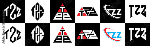TZZ letter logo design in six style. TZZ polygon, circle, triangle, hexagon, flat and simple style with black and white color variation letter logo set in one artboard. TZZ minimalist and classic logo