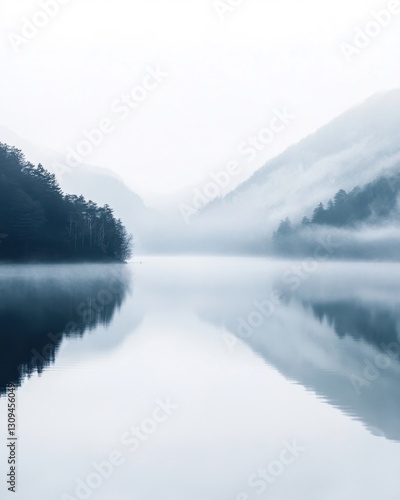 Wallpaper Mural Lake Yamanaka in dense fog, minimalist Japan landscape, fine art moody aesthetic Torontodigital.ca