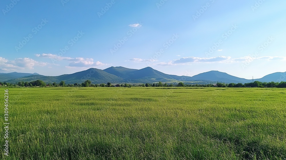 Serene Austrian Landscape with Vibrant Green Meadow and Majestic Mountains Under Clear Blue Sky, Ideal Sunny Summer Day Scenery Serene Austrian Landscape with Vibrant Green Meadow and Majestic Mountains Under Clear Blue Sky, Ideal Sunny Summer Day Scenery
