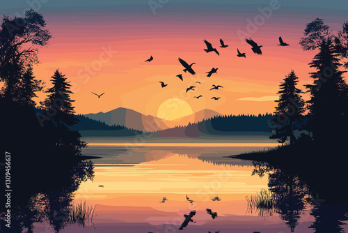 Silhouettes of birds flying at dusk over a lake, Flat style cartoon vector illustration. Beautiful Landscape Sunset with swans vector  illustration