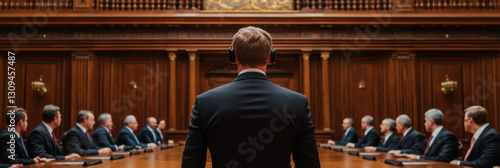 man in suit with headphones stands before formal meeting of officials in grand room, conveying sense of authority and focus