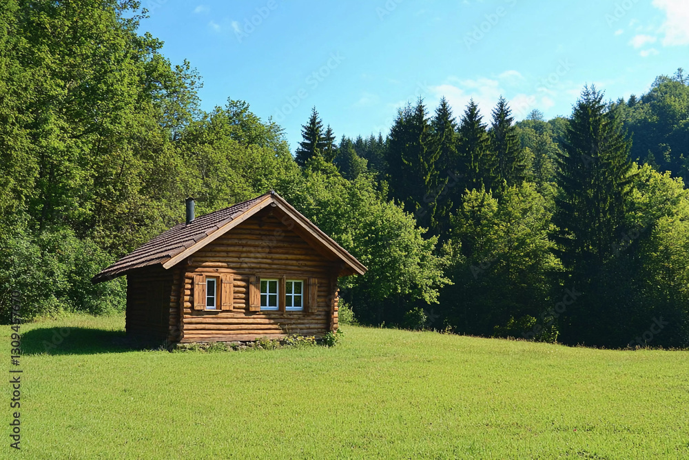 Fototapeta premium Wooden log cabin in a grassy field surrounded by trees Generative AI