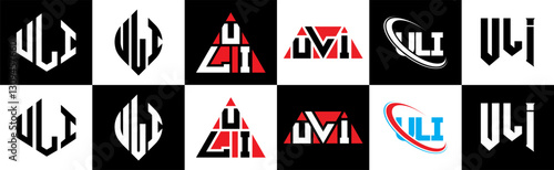 ULI letter logo design in six style. ULI polygon, circle, triangle, hexagon, flat and simple style with black and white color variation letter logo set in one artboard. ULI minimalist and classic logo
