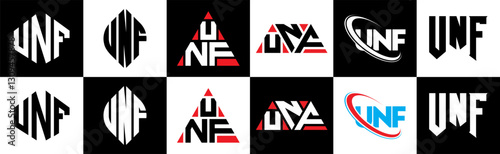 UNF letter logo design in six style. UNF polygon, circle, triangle, hexagon, flat and simple style with black and white color variation letter logo set in one artboard. UNF minimalist and classic logo