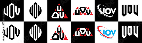 UOV letter logo design in six style. UOV polygon, circle, triangle, hexagon, flat and simple style with black and white color variation letter logo set in one artboard. UOV minimalist and classic logo