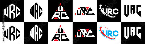 URC letter logo design in six style. URC polygon, circle, triangle, hexagon, flat and simple style with black and white color variation letter logo set in one artboard. URC minimalist and classic logo