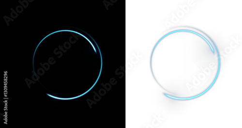 PNG circle with neon line creating a circular frame and round portal. An abstract background featuring a glowing ring with a radiant twirl and smooth curve. Glare vector effect with light astral beam 