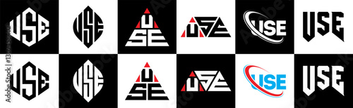 USE letter logo design in six style. USE polygon, circle, triangle, hexagon, flat and simple style with black and white color variation letter logo set in one artboard. USE minimalist and classic logo