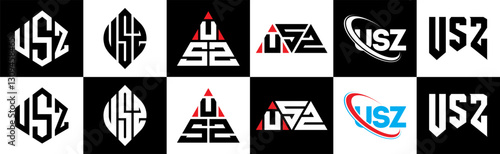 USZ letter logo design in six style. USZ polygon, circle, triangle, hexagon, flat and simple style with black and white color variation letter logo set in one artboard. USZ minimalist and classic logo