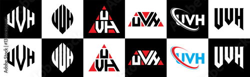 UVH letter logo design in six style. UVH polygon, circle, triangle, hexagon, flat and simple style with black and white color variation letter logo set in one artboard. UVH minimalist and classic logo