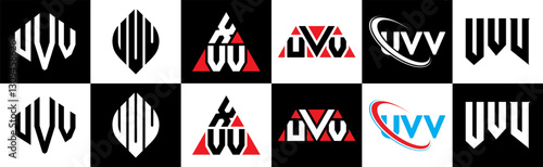 UVV letter logo design in six style. UVV polygon, circle, triangle, hexagon, flat and simple style with black and white color variation letter logo set in one artboard. UVV minimalist and classic logo