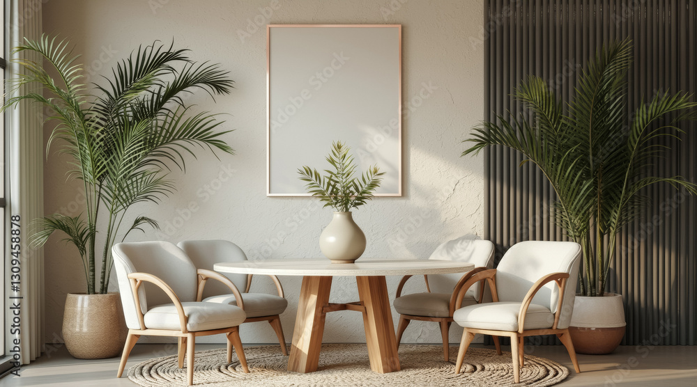 Fototapeta premium minimalist dining room with four chairs around a round wooden table and lush potted plants