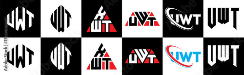 UWT letter logo design in six style. UWT polygon, circle, triangle, hexagon, flat and simple style with black and white color variation letter logo set in one artboard. UWT minimalist and classic logo