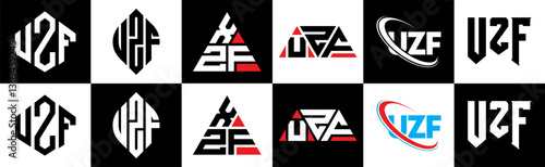 UZF letter logo design in six style. UZF polygon, circle, triangle, hexagon, flat and simple style with black and white color variation letter logo set in one artboard. UZF minimalist and classic logo