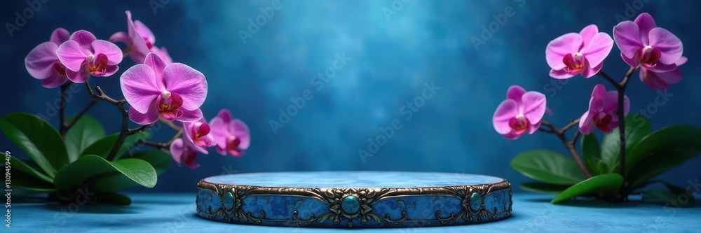 Obraz premium Blue backdrop, ornate podium showcasing vibrant orchid, pedestal, nature