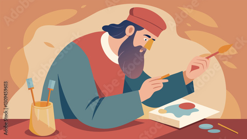 Slowly and patiently an artist adds layer after layer of paint delicately recreating the intricate details of a damaged fresco.. Vector illustration