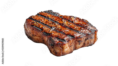 A piece of meat is burnt and has a lot of seasoning on it