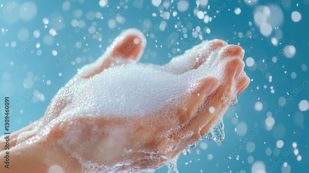 Fototapeta premium Soapy hands with water droplets, conveying cleanliness and freshness. image captures essence of hygiene and care, perfect for health related themes