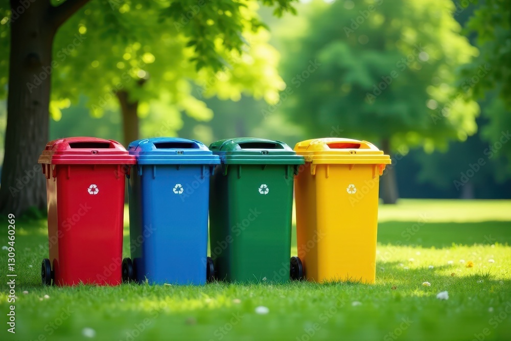 Brightly colored recycling bins in a lush green park , waste management, colorful bins, eco-friendly Brightly colored recycling bins in a lush green park , waste management, colorful bins, eco-friendly