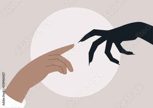 Two hands reach out in a poignant moment, one embodying light and the other representing shadow, illustrating the profound journey of shadow work and self-discovery