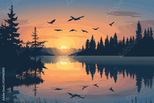 Silhouettes of birds flying at dusk over a lake, Flat style cartoon vector illustration. Beautiful Landscape Sunset with swans vector  illustration