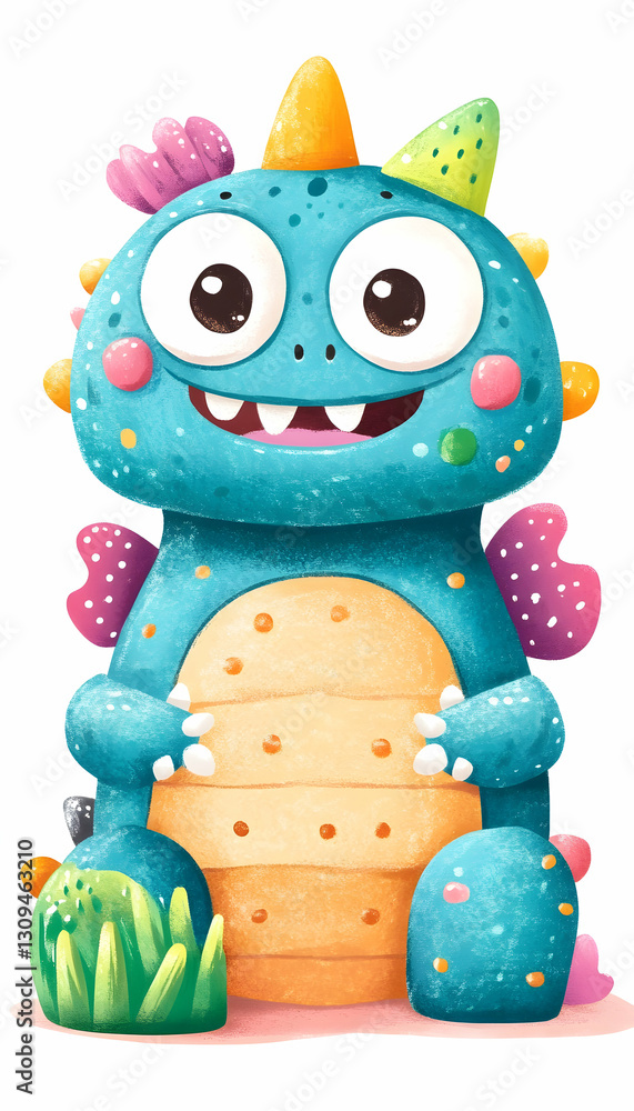 Obraz premium Adorable teal dragon with pastel accents, sitting amidst greenery