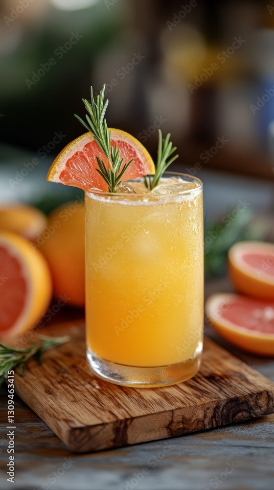 Fototapeta premium A vibrant grapefruit cocktail sits atop a wooden board, garnished with fresh rosemary and a slice of grapefruit. The sunny beverage invites relaxation and freshness during warm days
