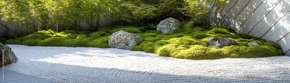 Tranquil zen garden with green moss, rocks, and white gravel, serene and peaceful setting. Tranquil zen garden with green moss, rocks, and white gravel, serene and peaceful setting.