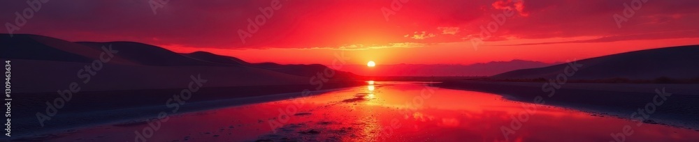 Fototapeta premium Crimson sky reflects on wet sand, dunes silhouetted against fiery glow, sea, glow, waves