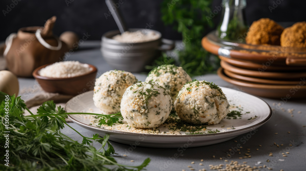 a dish of rice balls decorated with herbs and sesame seeds, served on a white plate. a dish of rice balls decorated with herbs and sesame seeds, served on a white plate.