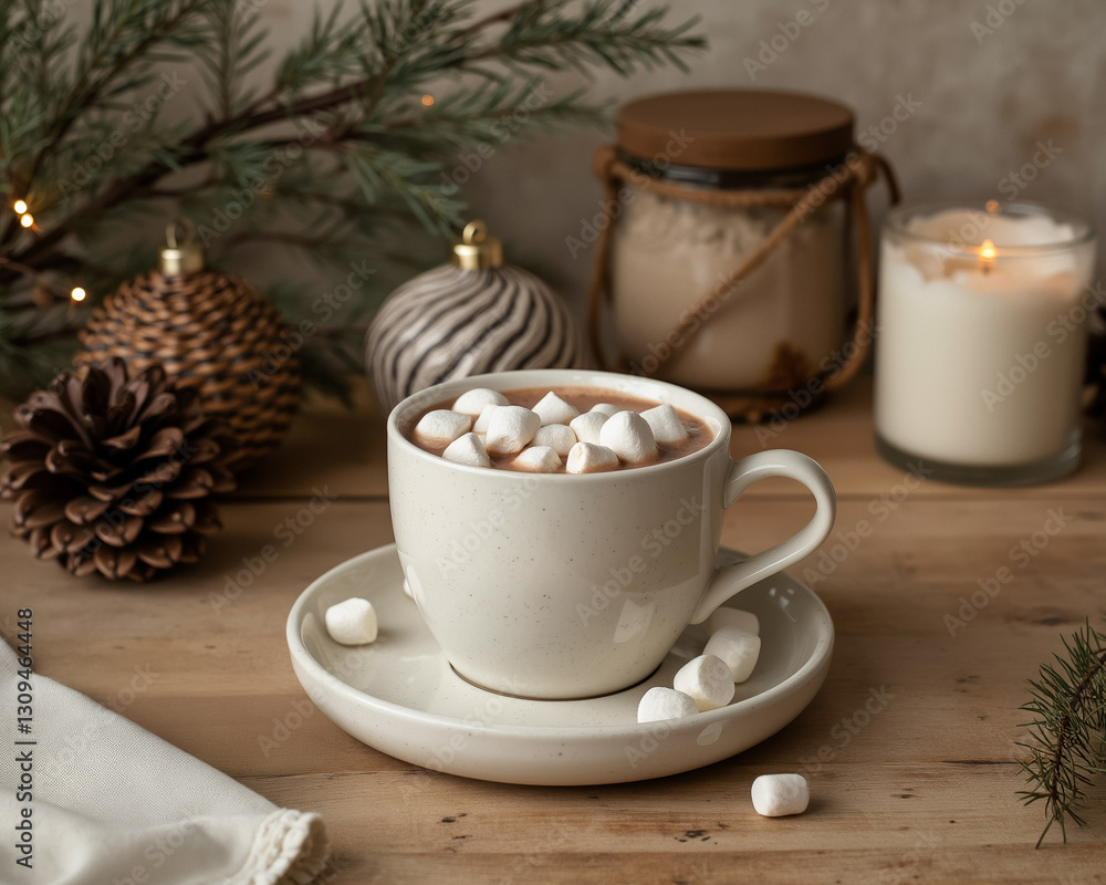 cup of hot cocoa with marshmallows surrounded by pine branches and ornaments cup of hot cocoa with marshmallows surrounded by pine branches and ornaments
