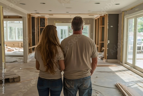 Homeowners gazing at their house while renovation works unfold, envisioning their dream future and the possibilities ahead