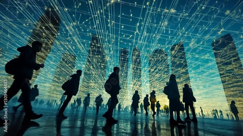 Silhouettes of people moving through a futuristic city landscape illuminated by a network of glowing lines