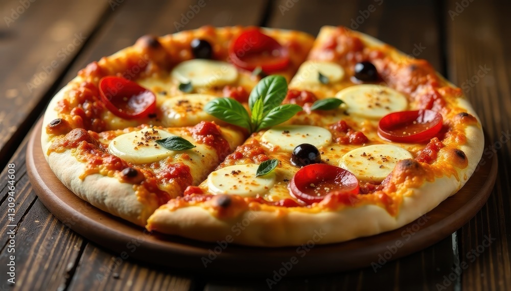 Crispy pizza crust, rich meat topping, creamy mozzarella, wooden backdrop , ingredient, stock image Crispy pizza crust, rich meat topping, creamy mozzarella, wooden backdrop , ingredient, stock image