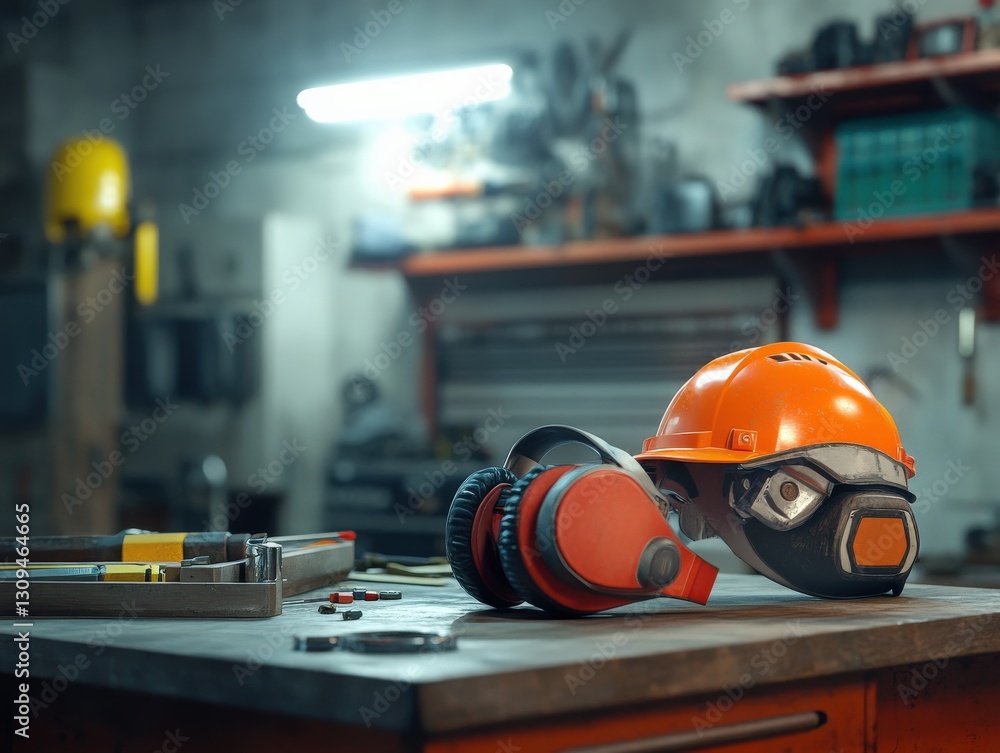 A well-lit scene featuring industrial PPE such as a hard hat, ear muffs, and safety glasses placed on a workbench A well-lit scene featuring industrial PPE such as a hard hat, ear muffs, and safety glasses placed on a workbench